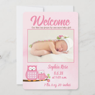 Chouettes roses douces Baby Girl Photo Faire-part