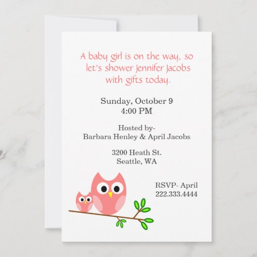Chouettes roses douces Invitation Baby shower (Devant)