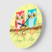 Chouettes roses et bleues - Horloge murale personn (Angle)