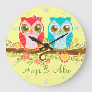 Chouettes roses et bleues - Horloge murale personn