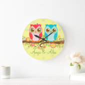 Chouettes roses et bleues - Horloge murale personn (Maison)