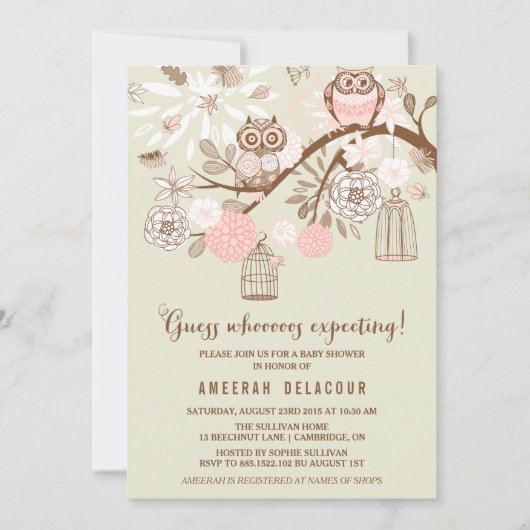 Chouettes roses et oiseaux Invitation Baby shower (Devant)