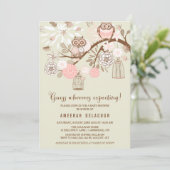 Chouettes roses et oiseaux Invitation Baby shower (Debout devant)