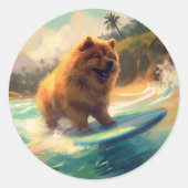 Chow Chow Beach Surfen Schilderij Ronde Sticker (Voorkant)