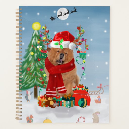 Chow Chow Chien en neige avec cadeaux de Noël (Devant)