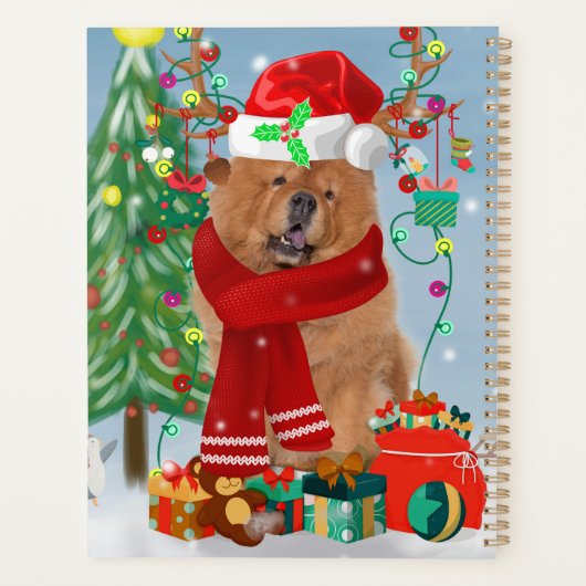 Chow Chow Chien en neige avec cadeaux de Noël (Dos)