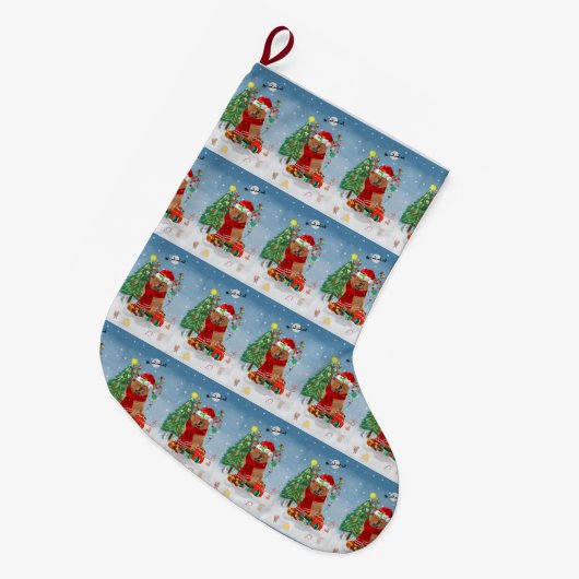 Chow Chow Dog in sneeuw met kerstcadeautjes Grote Kerstsok (Voorkant (Hangend))