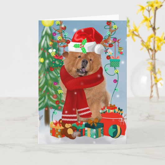 Chow Chow Dog in sneeuw met kerstcadeautjes Kaart (Gele Bloem)