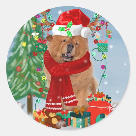 Chow Chow Dog in sneeuw met kerstcadeautjes Ronde Sticker (Voorkant)