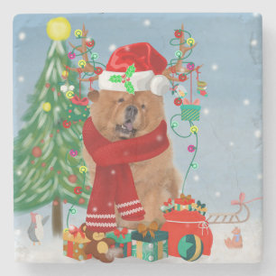 Chow Chow Dog in sneeuw met kerstcadeautjes Stenen Onderzetter
