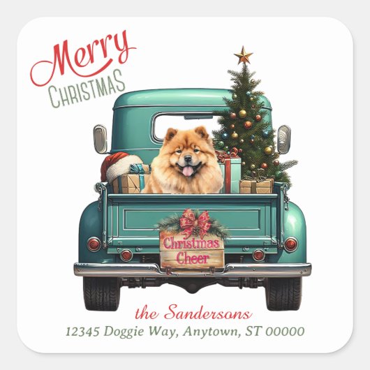 Chow Chow Dog Retro Truck Kerst Vierkante Sticker (Voorkant)