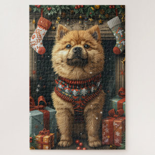 Chow Chow-hond met kerstcadeaus bij de open haard Legpuzzel