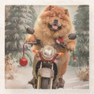 Chow Chow Hond Rijden Motorfiets Kerstmis Glazen Onderzetter