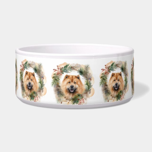 Chow chow Kerst Krans Festieve Pup Voerbakje (Voorkant)