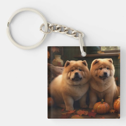 Chow Chow Puppy Herfst Plezier Pompoen Sleutelhanger (Voorkant)