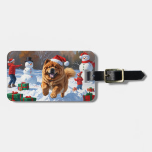 Chow Chow Rent in de Sneeuw met Kerstmuts Bagagelabel