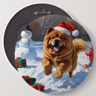Chow Chow Rent in de Sneeuw met Kerstmuts Ronde Button 6,0 Cm