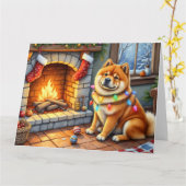 Chow Chow Sitting Fireplace with Christmas Lights Kaart (Gele Bloem)