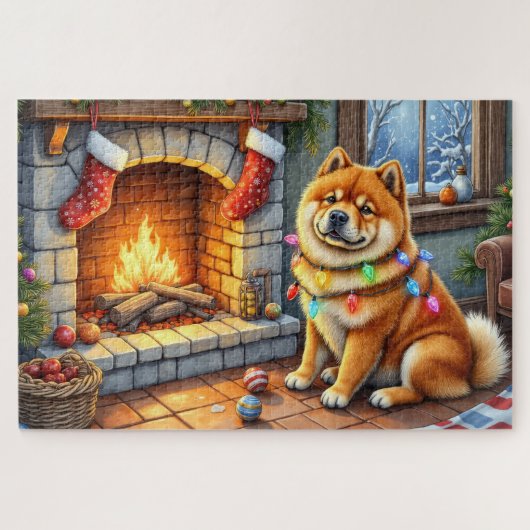 Chow Chow Sitting Fireplace with Christmas Lights Legpuzzel (Horizontaal)