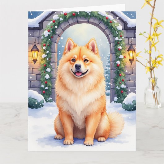 Chow Chow Snowy Stone Courtyard Christmas Art Kaart (Gele Bloem)