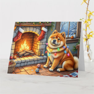 Chow Chow zittend bij open haard met kerstverlicht Kaart