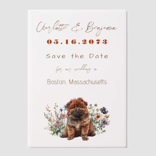 Chow Puppy Dog en Wildflowers Bewaar de datum Vellum Uitnodigingen (Voorkant)