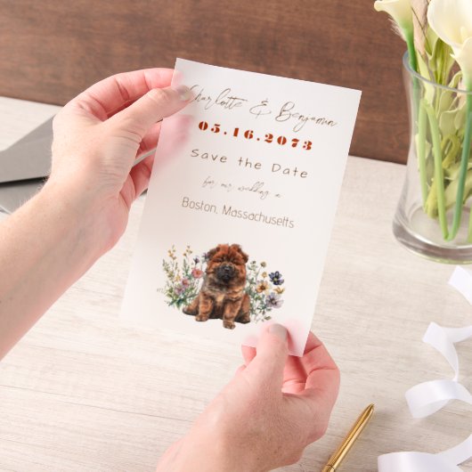 Chow Puppy Dog en Wildflowers Bewaar de datum Vellum Uitnodigingen (Draagbaar)