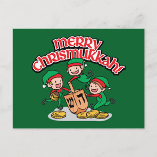 Chrismukkah wenskaart met elfen en dreidels feestdagenkaart