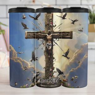 Christ Cross Ascends Doves Flowers Thermosbeker