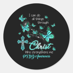Christ God Cross Versterkt mij Vlinder Blauwgroen Ronde Sticker