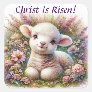 Christ is Risen Waterverf Paaslam Bloemen Vierkante Sticker