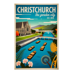 Christchurch Nieuw-Zeeland Retro Reisposter Kunst Perfect Poster