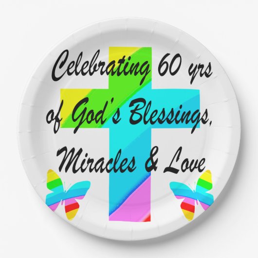 CHRISTELIJK 60E VERJAARDAGSKRUIS EN VLINDERONTWERP PAPIEREN BORDJE (Voorkant)