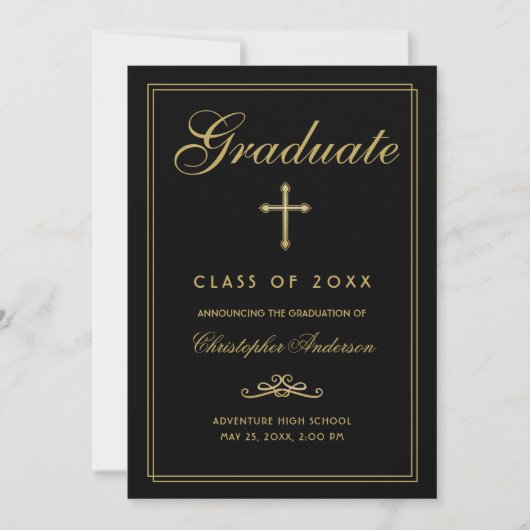 Christelijk Afstuderen Black Gold Cross-script Aankondiging (Voorkant)