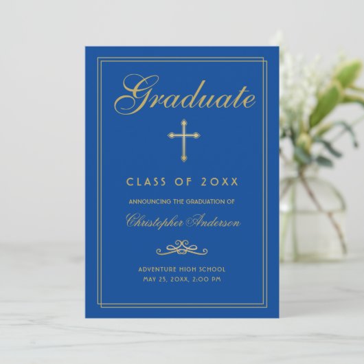 Christelijk Afstuderen Royal Blue Cross-script Aankondiging (Staand voorkant)