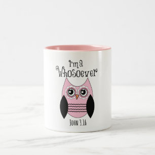 Christelijk citaat: Ik ben een Degene met Roze Uil Tweekleurige Koffiemok