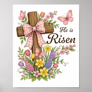 Christelijk- Hij Is Opgewekt Bloemkruis Religieus Poster
