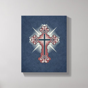 Christelijk kruis bloeiend blauw en rood canvas afdruk