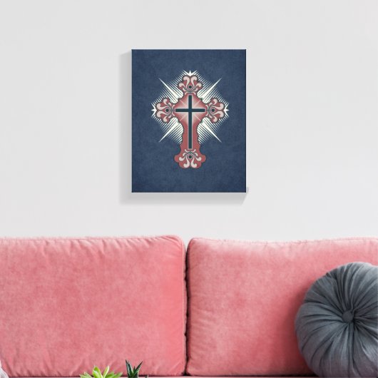 Christelijk kruis bloeit blauw en rood canvas afdruk (Insitu (Woonkamer))