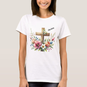 Christelijk kruis met levendige bloemschikken t-shirt