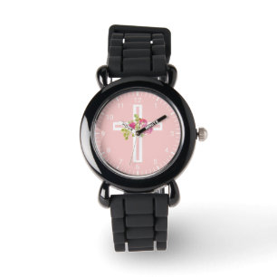 Christelijk kruis met roze rozen bloemig horloge