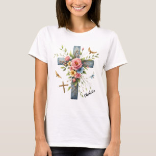 Christelijk kruis omgeven door delicate voorjaarsb t-shirt