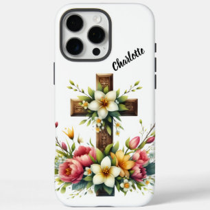 Christelijk kruis omlijst door kleurrijke bloemenh iPhone 16 pro max hoesje