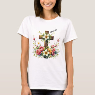 Christelijk kruis omlijst door kleurrijke bloemenh t-shirt