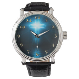 Christelijk kruisje in blauw licht horloge