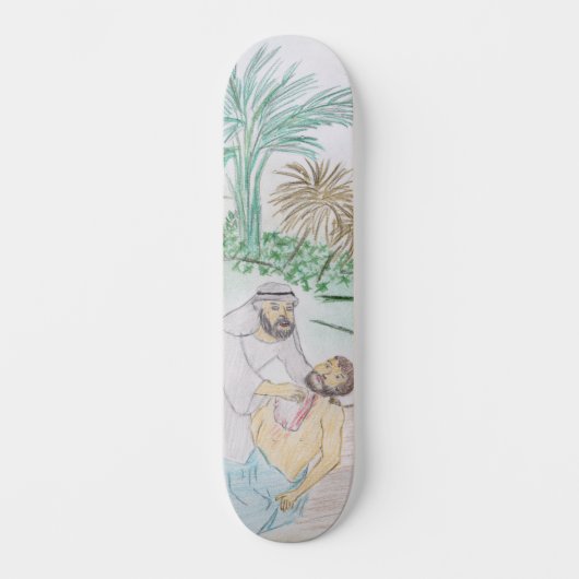 Christelijk kunstwerk de goede Samaritaan Skateboard (Voorkant)