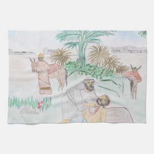 Christelijk kunstwerk de goede Samaritaan Theedoek