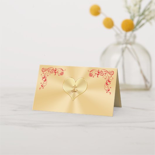 Christelijk Rood en Goud Wedding Place Cards (Achterkant)