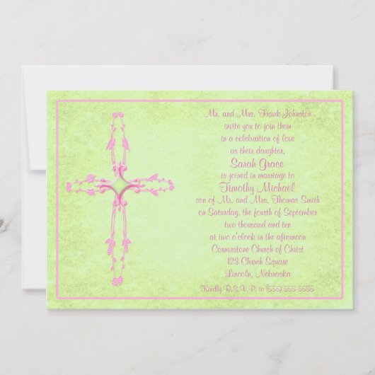 Christelijk Roze Kruis op Groene Huwelijksuitnodig Kaart (Voorkant)