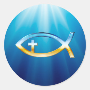 Christelijk vissymbool met Crucifix — Sky & Grou Ronde Sticker
